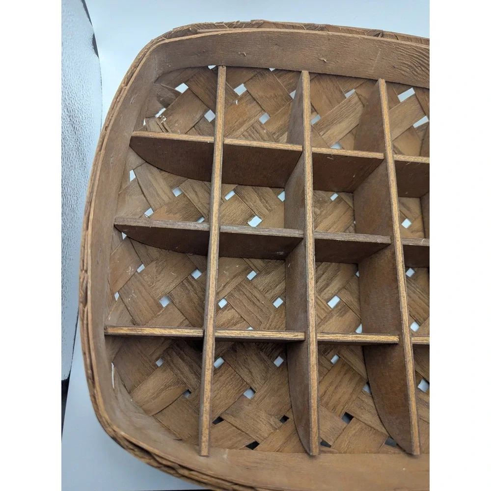 Vintage Woven Wood Divided Basket Trinket Shelf Rustic Farmhouse Decor 13x12x3.5